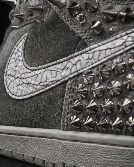 Macro of the cracked-ice swoosh panel against a wall of conical studs