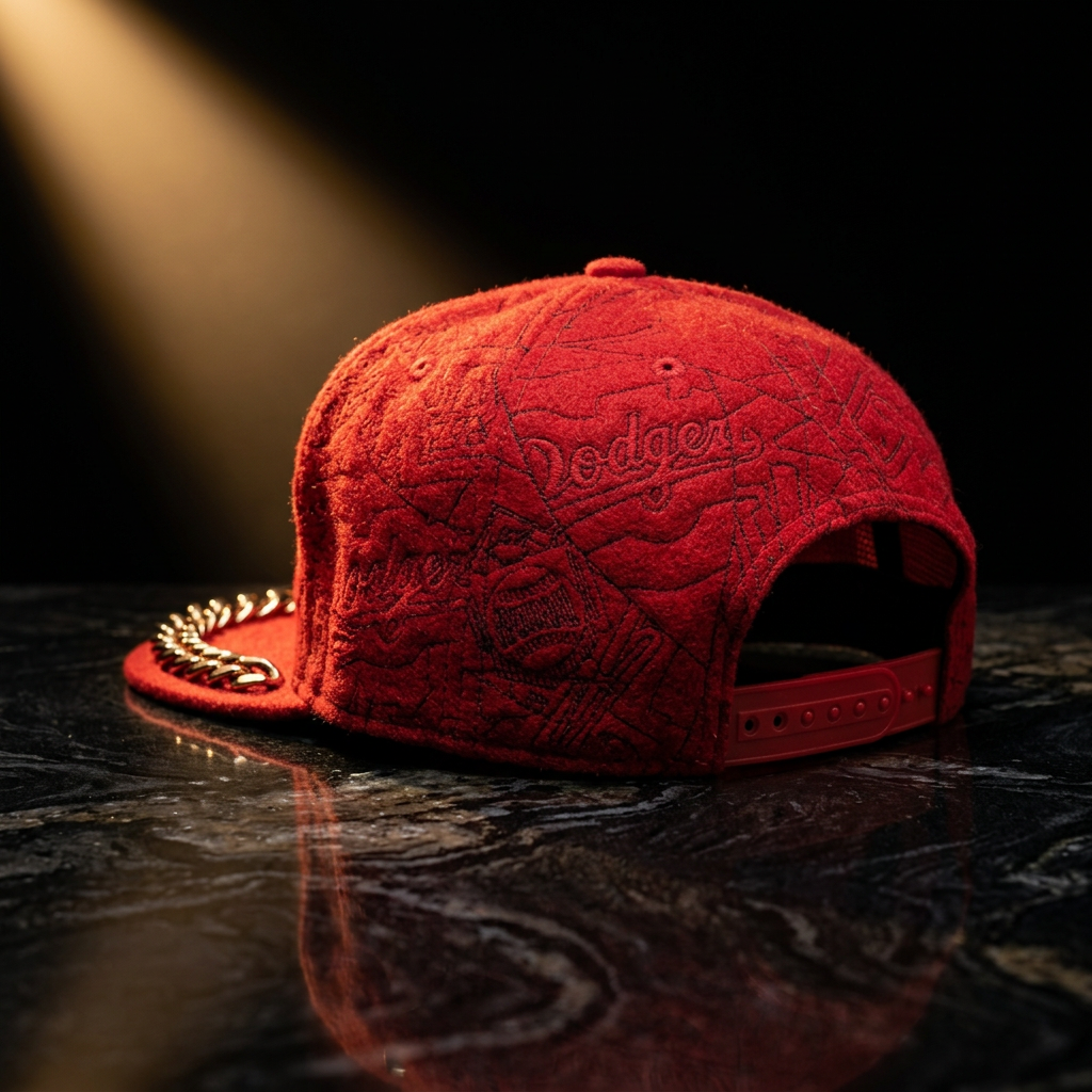 Three-quarter rear view of the red cap showing tonal embroidery and closure