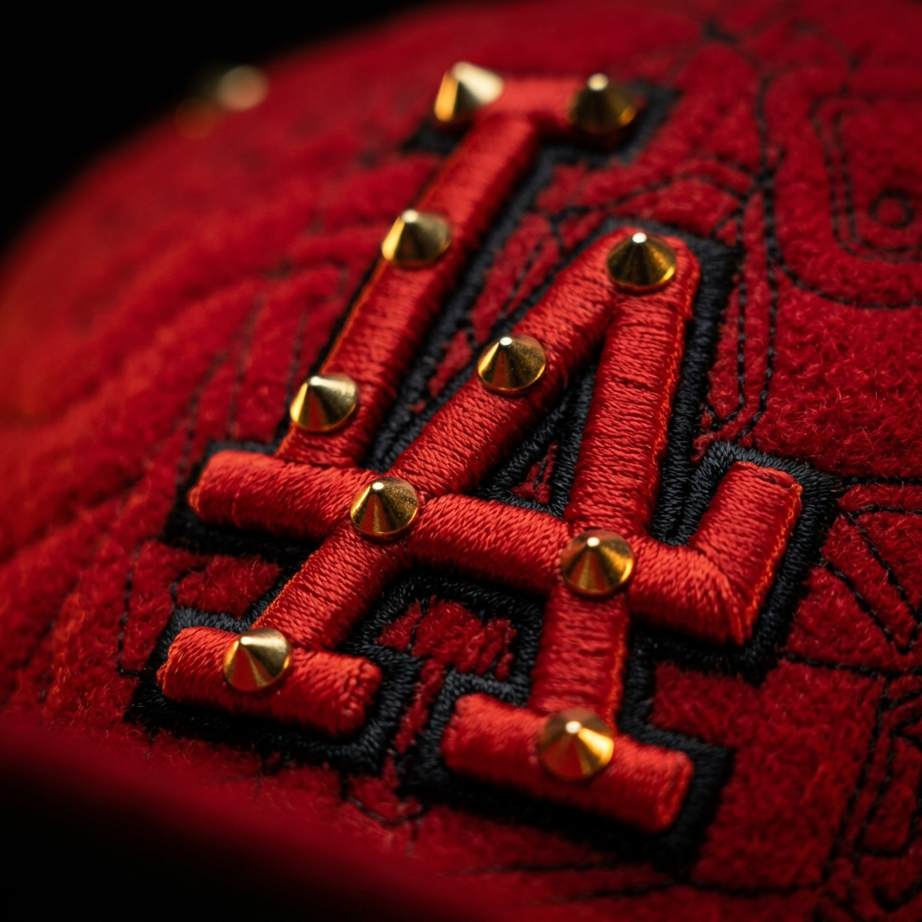 Macro of the raised red chenille LA mark set with gold cone studs