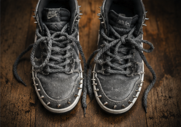 Overhead view of both pieces showing knotted rope lacing and toe studding