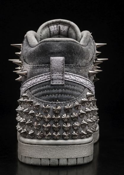 Rear view of the heel counter armoured in conical silver spikes