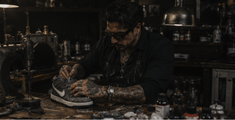 Giovanni working the high-top at his cluttered Milanese bench beside the sewing machine