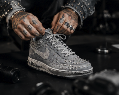 Tattooed hands lacing the distressed grey high-top at the bench