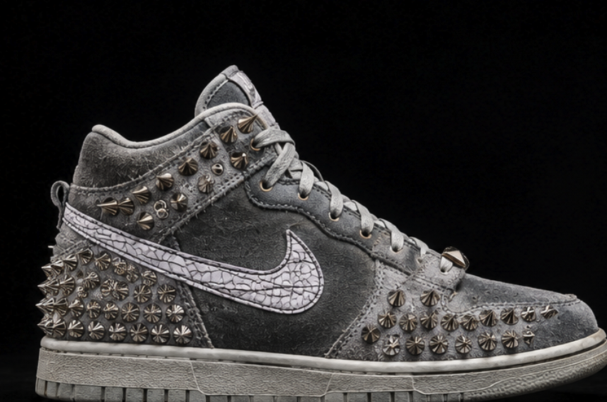 Lateral profile showing the stud field running from heel to toe over weathered grey leather