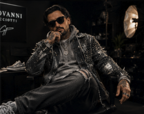 Giovanni seated in the atelier wearing the studded grey denim jacket