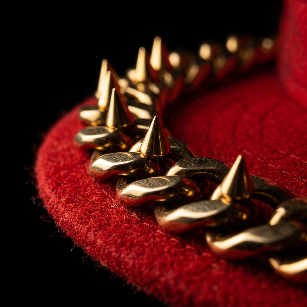 Macro of the gold spiked Cuban-link chain resting on the red felt brim