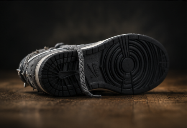 Underside of the piece showing blackened outsole and rope lace crossing