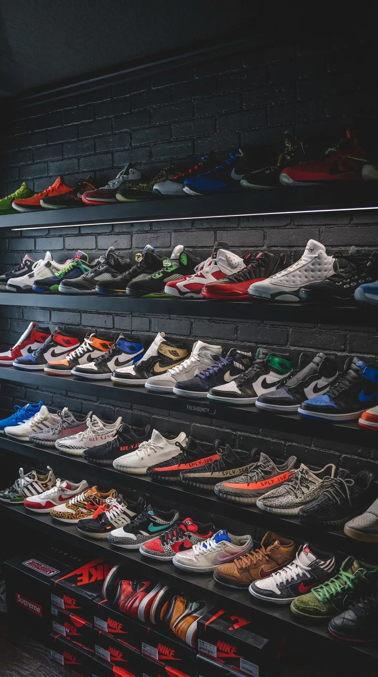 A wall of different Nike sneakers on black brick shelves in the atelier