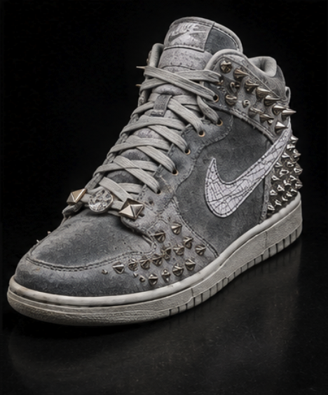 Distressed lead-grey high-top armoured in silver pyramid studs and conical spikes with a cracked-ice swoosh
