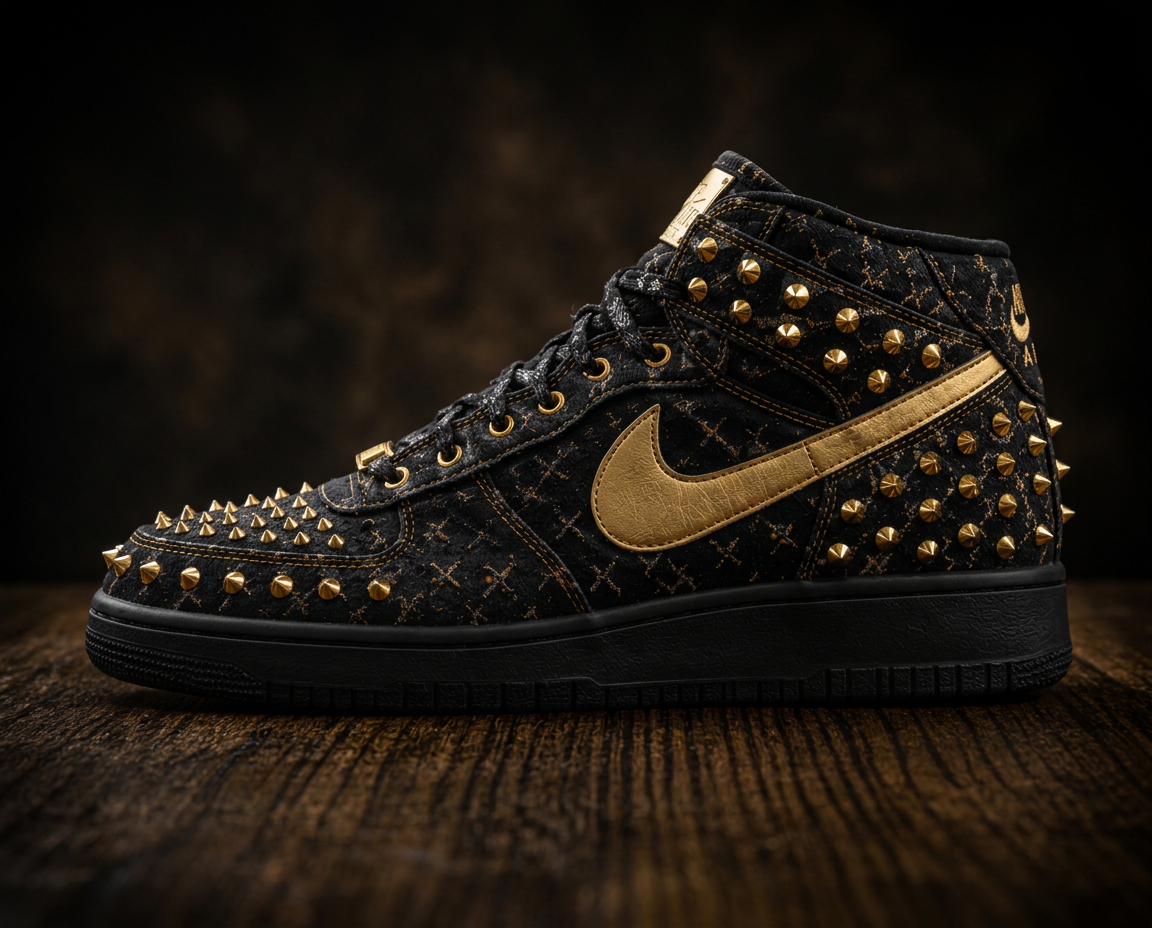 Side profile of the black gold-studded high-top