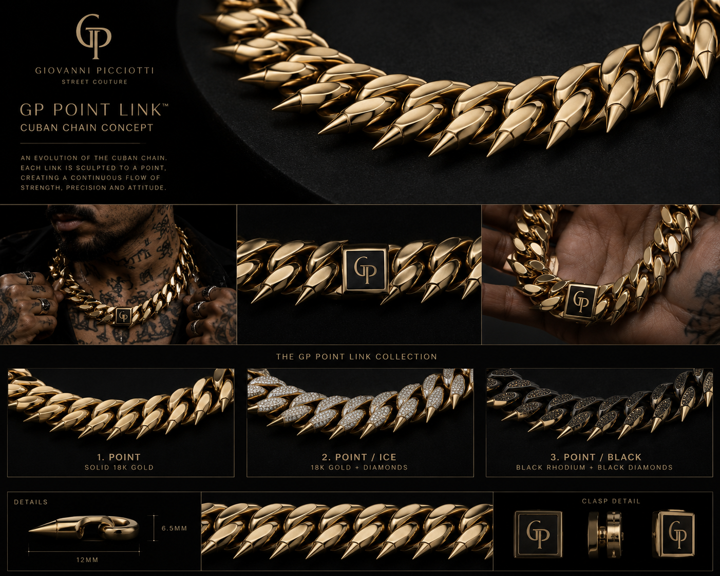 GP Point Link collection — gold Cuban chain links sculpted to a point with GP clasp
