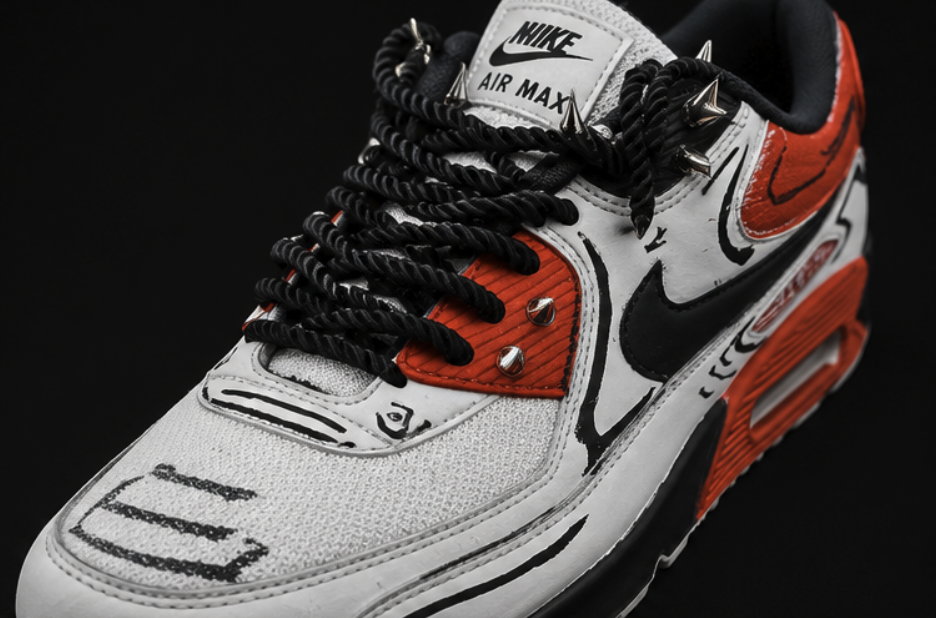 Macro of the toe box and lace panel showing the black rope laces, silver spike eyelets and hand-drawn outlines