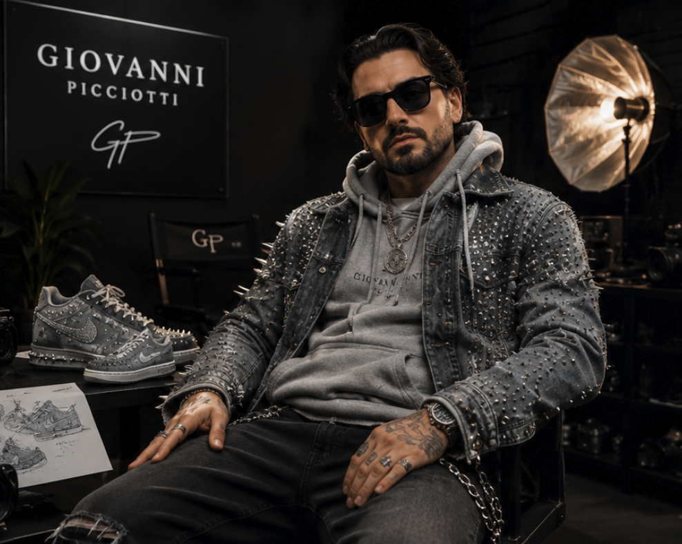 Giovanni seated in the studio beside the finished pair, GP wall mark behind him