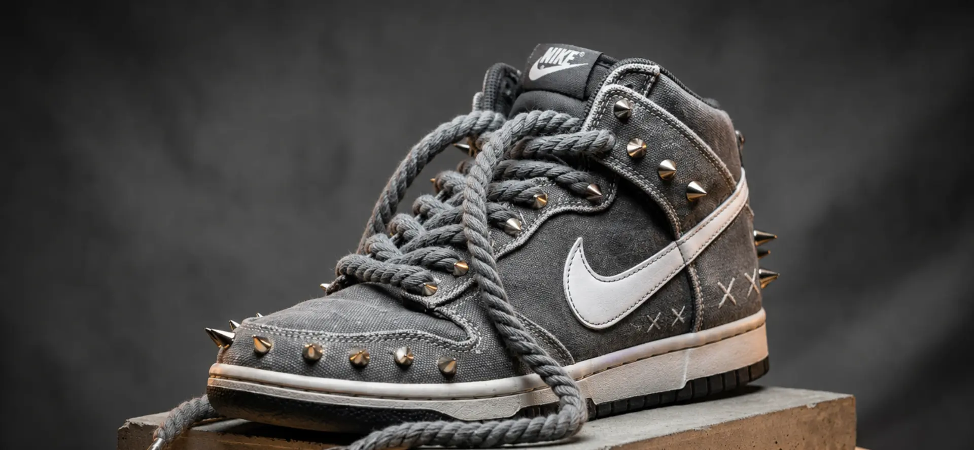 GP-001 Corda Nera, a hand-distressed grey canvas high-top with steel spikes
