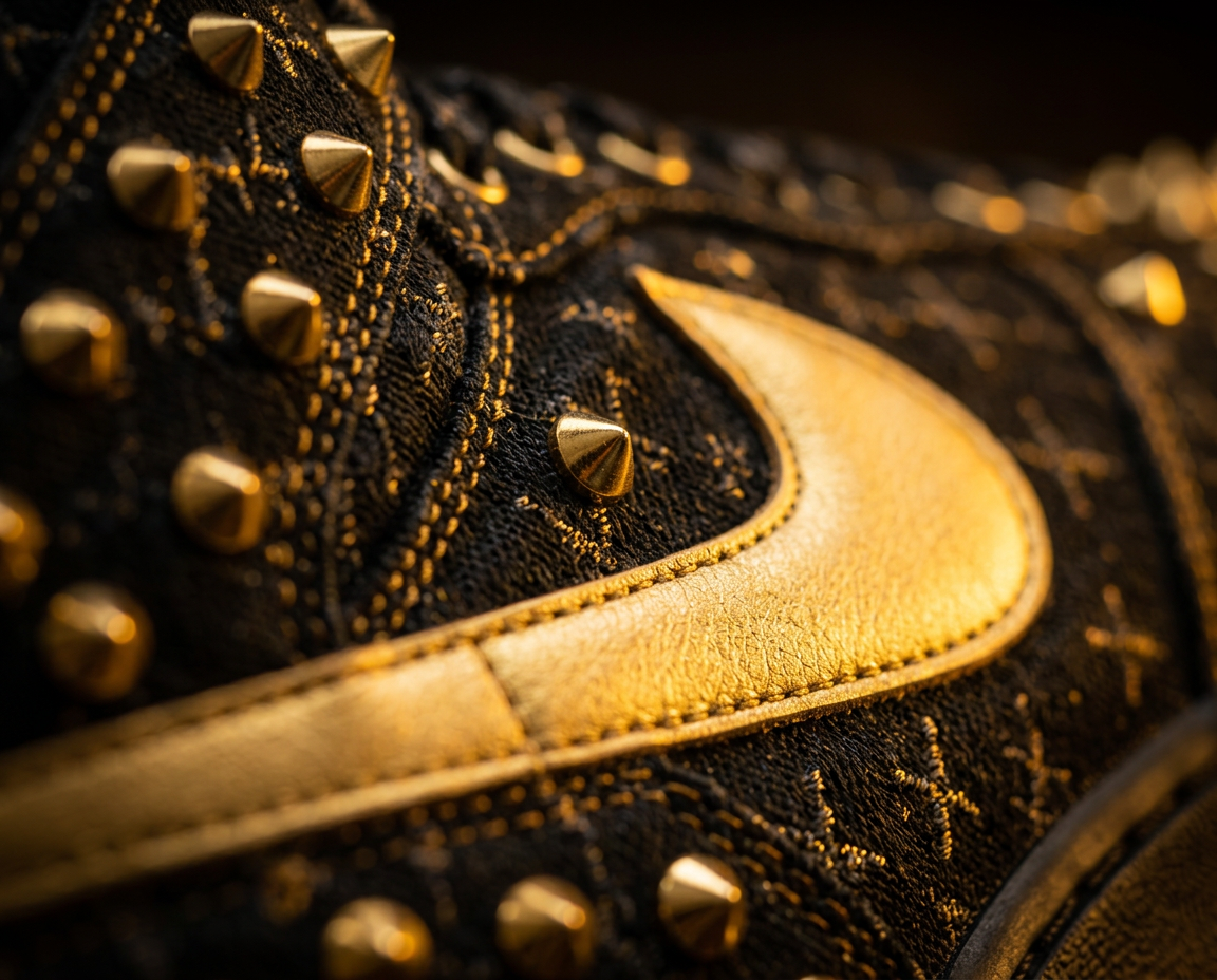 Macro of gold conical studs set into black embroidered canvas