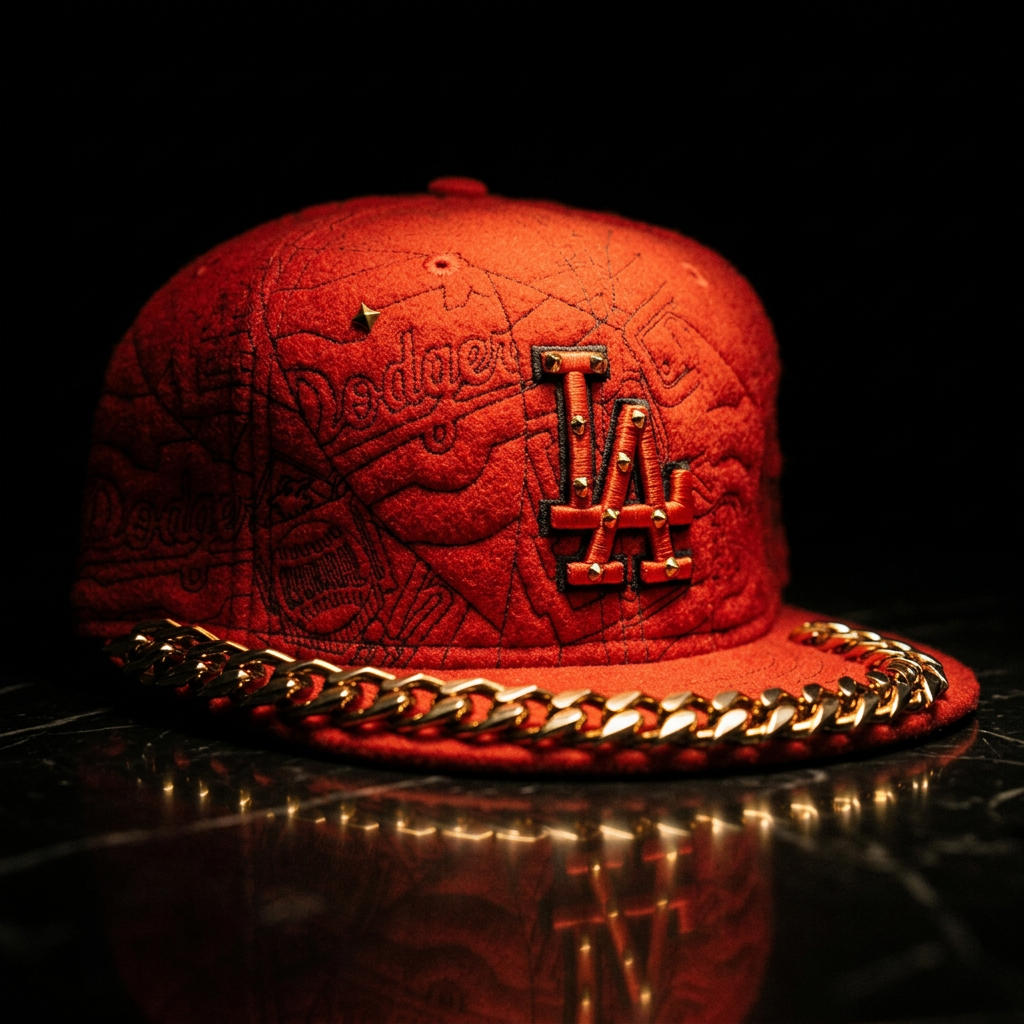 Red wool cap with a gold spiked Cuban-link chain across the brim on black marble