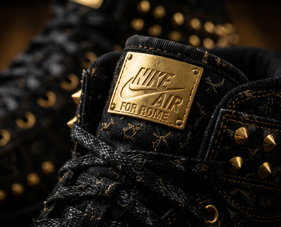 Macro of the engraved gold tongue plate and waxed black laces