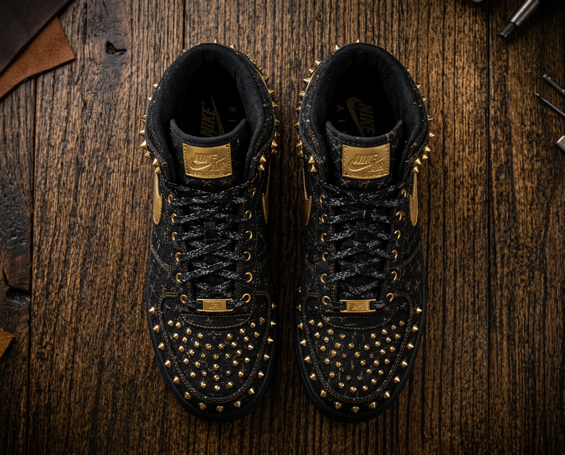 Overhead view of both pieces showing lacing and gold eyelets