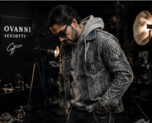 Giovanni standing in the atelier, studded grey jacket echoing the shoe