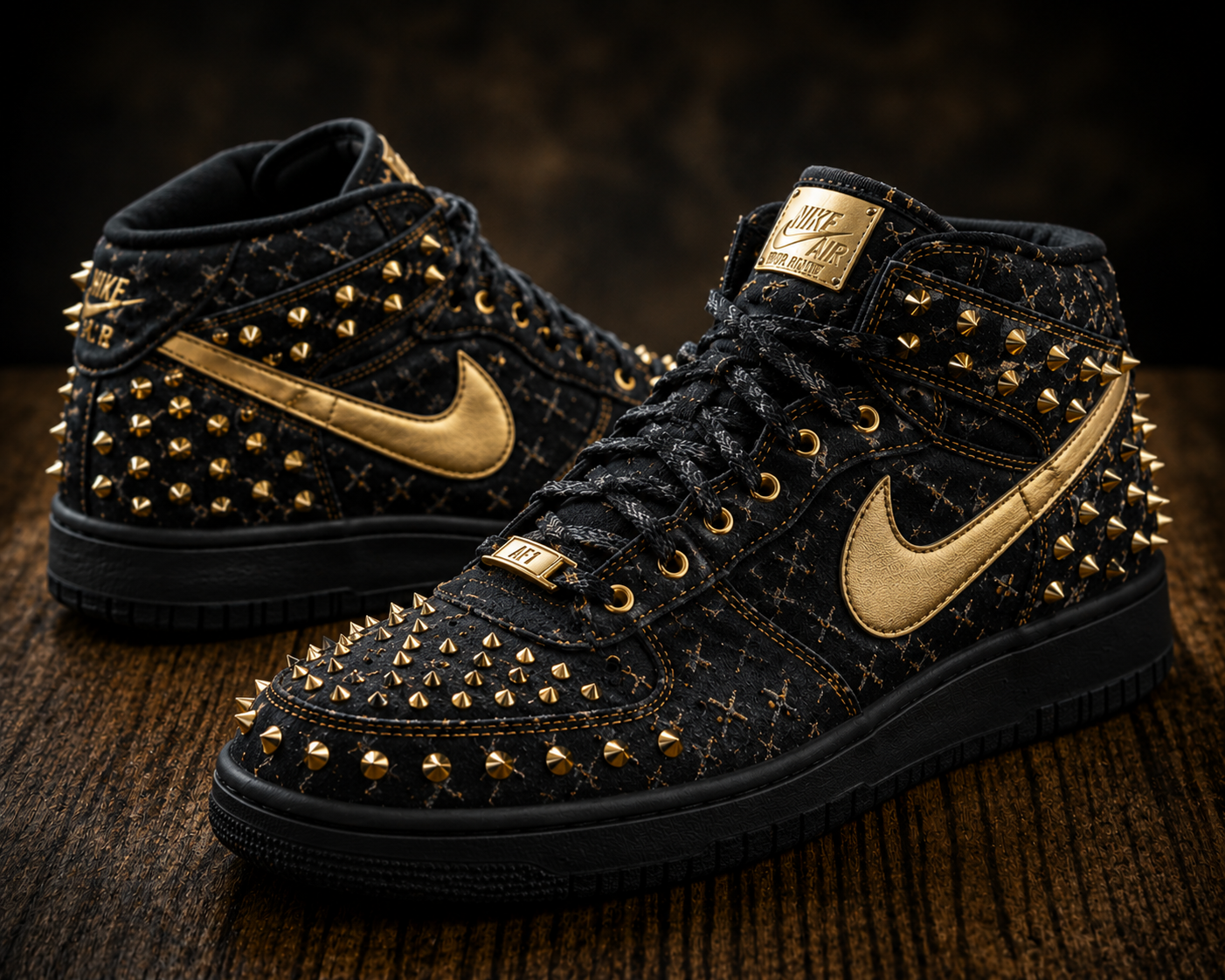 Pair of black embroidered high-top footwear objects covered in gold conical studs with a gilded swoosh panel