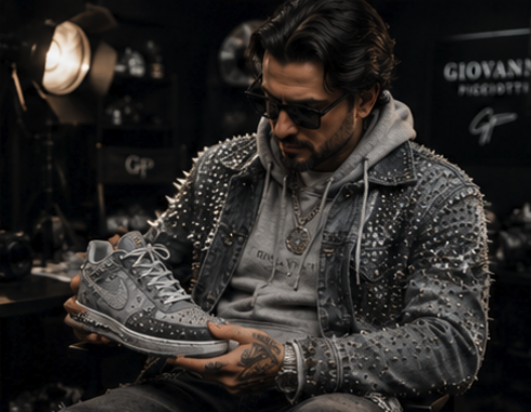 Giovanni inspecting the finished grey high-top under studio light