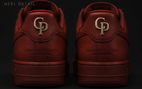 Rear view of both heels showing gold GP hardware and debossed signature