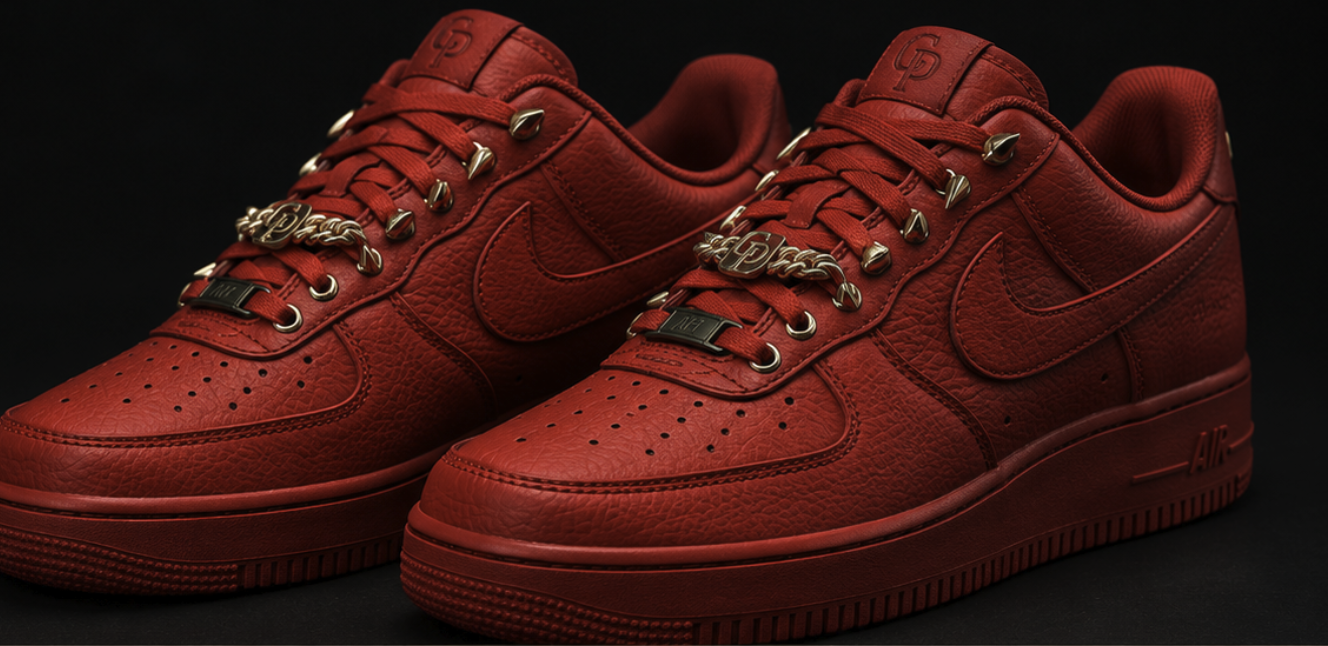 Pair of red tumbled leather low-tops with gold spike eyelets and a gold GP Cuban lace charm