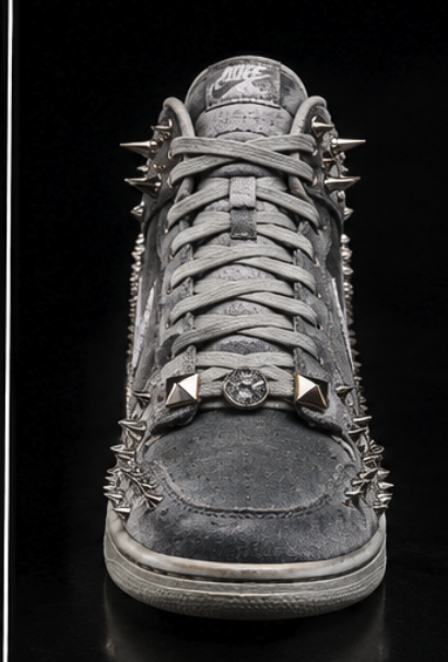 Front-on view with pyramid studs and a single gem set into the grey lacing