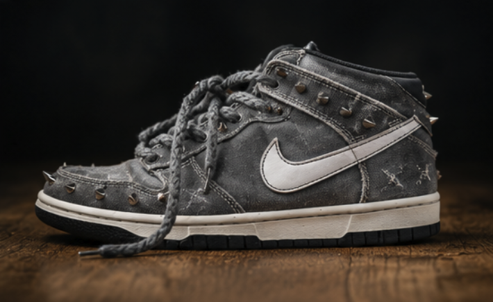 Side profile of the distressed studded high-top with braided rope laces