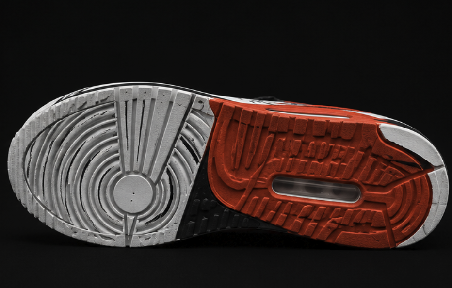 Outsole of the runner split between grey and terracotta tread with a visible air unit