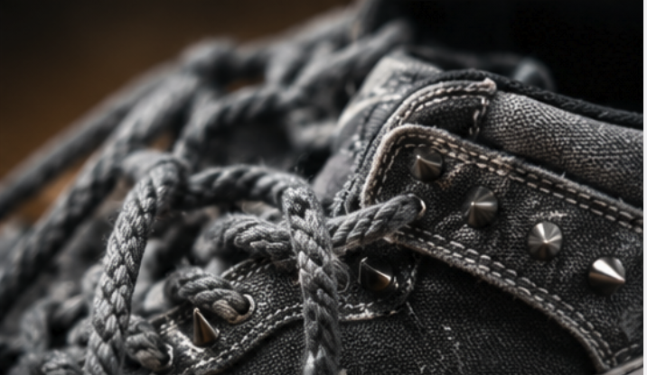 Macro of braided rope lacing threaded past conical steel studs
