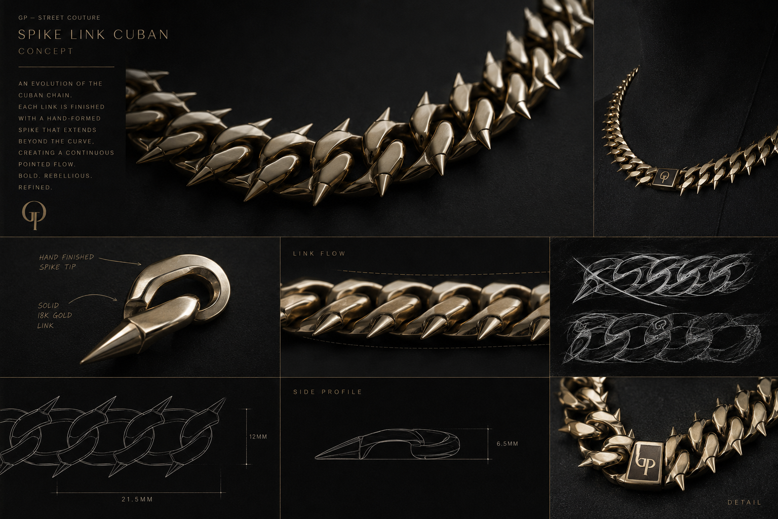 Spike Link Cuban concept sheet — hand-sculpted gold links ending in spikes