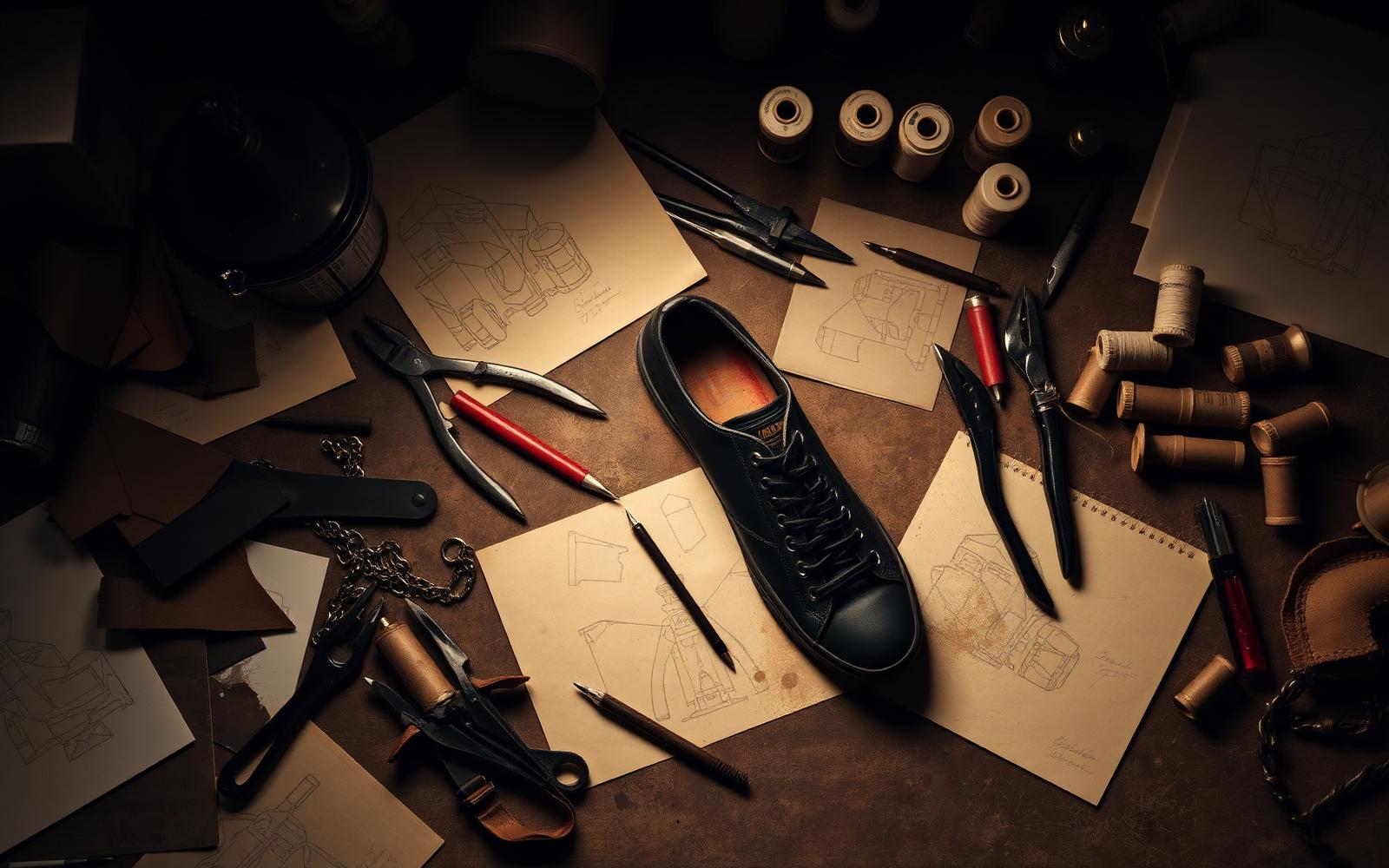 Workbench with sketches, tools and an unfinished footwear object