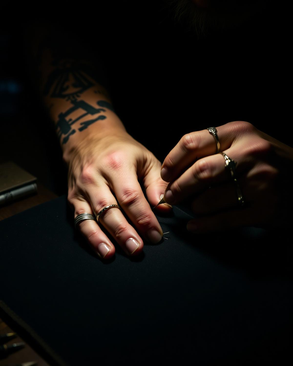 Tattooed hands stitching leather by hand